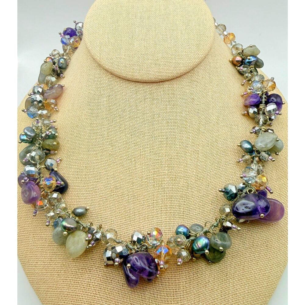 Vtg Amethyst Peacock Pearl AB Crystal Cluster Necklace 925 Sterling Silver 18.5"